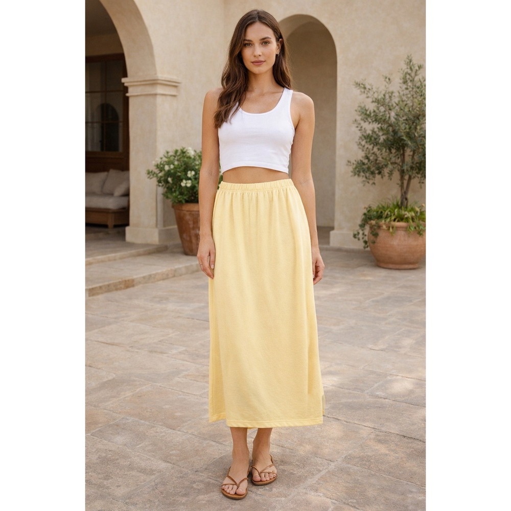Stephanie Andrews Skirt Women's M Yellow Pull On‎ Back Slit Elastic Waist Cotton